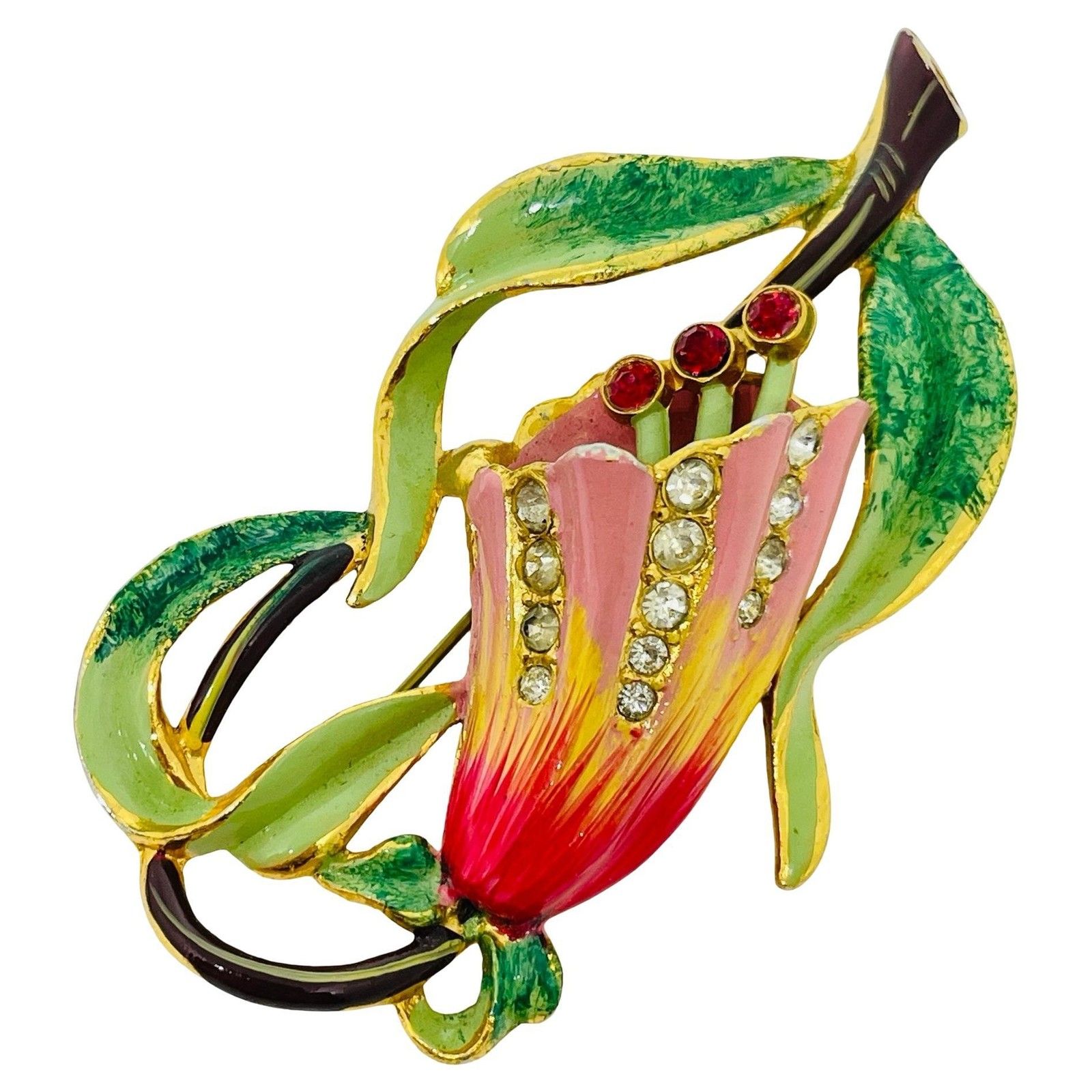 Coro Signed Vintage Gold Tone Rhinestone Enamel Bell Flower Trembler Brooch
